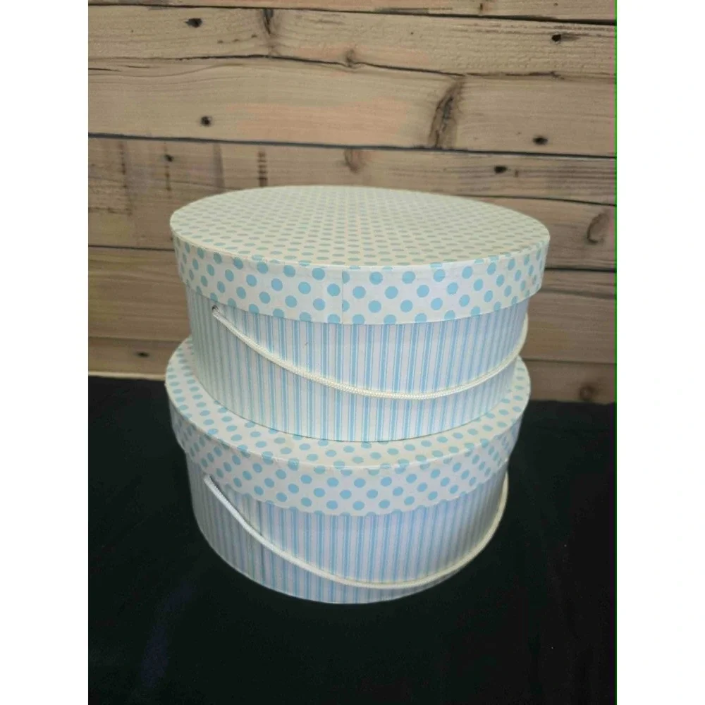 Vintage Style Round Nesting Hat Boxes Light Blue Stripes Polka Dots Set of 2